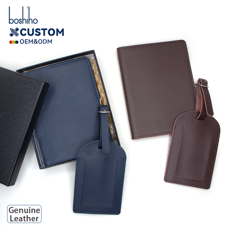 Custom Logo Personalized Genuine Leather Passport Holder and Luggage Tag Set with Gift Box for Corporate Gifting & Travel